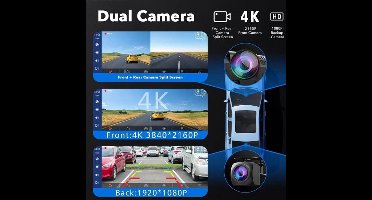 Dashcam voor Auto - 10.26” 4K Dashcam – CarPlay & Android Auto – 350° Rotatie – 6M AHD Achtercamera – Nachtzicht & Rijassistentie - Zwart