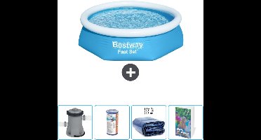 Bestway Rond Opblaasbaar Fast Set Zwembad - 244 x 61 cm - Blauw - Inclusief Pomp Filter - Solarzeil - Zwembadgids