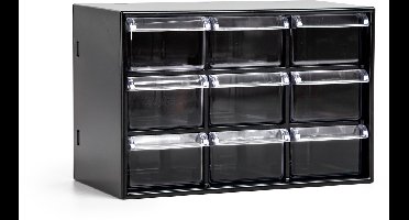 Plasticforte Sorteerbakjes spijkers/schroeven - 9x lades - 18.5 x 10 x 12 cm - opbergkastjes - ophangbaar - zwart/transparant