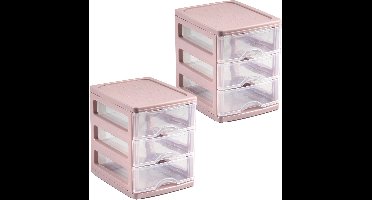 Plasticforte Ladekastje bureau organizer - 2x - 3 lades - roze/transparant - L13 x B17 x H17 cm - kunststof