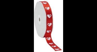 Satijnlint rood met witte Hartjes - 15 mm / 25 mtr.