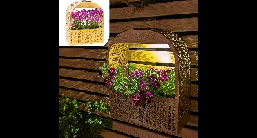 Gadgy Solar Wandlamp met Uitneembare Bloembak – Tuinverlichting op Zonneenergie – Warm Wit LED – 30x25 cm – Goud Metaal