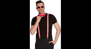 Partychimp Verkleed Set Bretels/Bril/Strik Voordeelverpakking 6 Stuks voor bij Carnavalskleding Heren Carnavalskleding Dames Carnaval Accessoires Verkleedaccessoires Volwassenen Foute Party Neon Party Toppers 2026 - Neon Roze - 6 Stuks