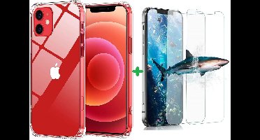 Hoesje Geschikt voor iPhone 12 Mini hoesje Transparant shock Proof case siliconen - Hoesje Geschikt voor iPhone 12 Mini TPU Schokbestendig backcover (verstevigde randen) Hoesje Geschikt voor iPhone 12 Mini tempered glass 2 pack screenprotector