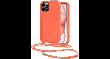 Hoes Geschikt voor iPhone 15 Pro Max Hoesje Pasjeshouder Cover Met Koord Case Siliconen Hoes Met Telefoonkoord en Kaarthouder - Papaya