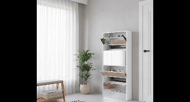 Schuhschrank mit Spiegel Hochglanz Weiß – 4 Fächer Schuhkipper & Schuhaufbewahrung für Flur – Moderner Schuhschrank mit Glasfront & Spiegel – Platzsparender Flurschrank, Schuhorganizer, Schuhkommode – Industrialhome