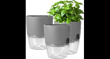 longziming -Zelfbewaterende Bloempot Set van 3 – Grijs – Automatisch Bewateringssysteem met Waterniveau-indicator – 18,2 cm Hoog voor Kruiden en Kamerplanten
