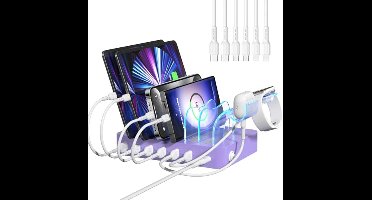 50W 6-poorts multi-USB-oplaadstation met 2-in-1 iWatch-houder en 6 oplaadkabels - Geschikt voor iPad, smartphones en tablets