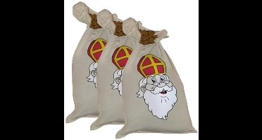 Sinterklaas thema strooizak voor snoep - 3x - katoen - 35 x 60 cm - Sint en Piet strooigoed zakken