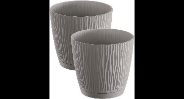Prosperplast Plantenpot/bloempot Waves - 4x stuks - kunststof - steengrijs - D13 x H12 cm - binnen/buiten - met opvangschaal
