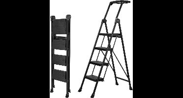 Huishoudtrap 4 Treden - Keukentrap - Inklapbaar - Antislip - Extra Stevig - Zwart