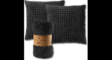 Dutch Decor - VOORDEELSET - 3-delig - Rome & Harvey - 2 sierkussens 45x45 cm - 1 plaid 150x200 cm - zwart