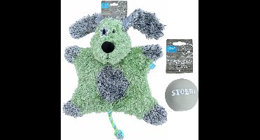 lief! Boys Hondenspeelgoed Set – Pluche Hond XXL met Piep + Latex Bal met Geluid – 45x35 cm – Grijs/Groen – Puppy & Hond Speelgoed - Groen
