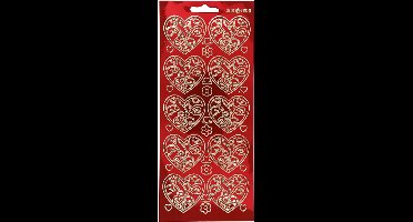 Stickers, harten, vel 10x23 cm, goud, transparant rood, 1 vel