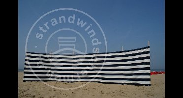 Strand Windscherm 6 meter dralon marine blauw/wit met houten stokken.