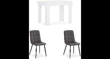 Homestyle4u Eethoeken - 90x60 cm - met 2 stoelen - Eettafel wit - en gestoffeerde Stoelen - Grijs