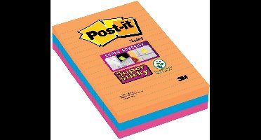 Post-it® Super Sticky Notes, Kleurenset Bangkok , Neon oranje, Neon roze, Electric blauw, Gelijnd , 101mm x 152mm, 90 blaadjes, 3 blokken