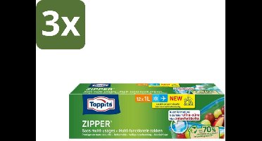 Toppits – Zipper Multifunctionele Zakken – 1 Liter – 12 Zakjes - Bulkverpakking - 3 stuks