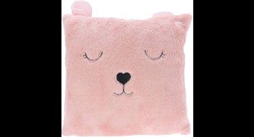 Excellent Houseware Dieren sierkussen - poes - kinderkamer - roze - 43 cm - polyester - cadeau - met oren