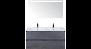 Porto Badmeubelset 120 cm - 2 Laden Beton Antrac - Keramische Wastafel Wit Slim met Sence Spiegel