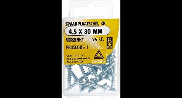 Spaanplaatschroeven Platkop. Kruiskop-Pozidrive-2. Verzinkt. 4.5x30mm. lang. 20 stuks Houtschroeven. Deltafix.