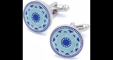 Manchetknopen - Bloem Patroon Blauwtinten Rond