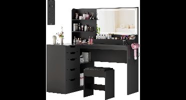 Sierra Kaptafel, Grote kaptafel met kruk, hoek-make-uptafel met spiegel en ledlampen, make-uptafel met stopcontacten en föhnhouder, 5 moderne laden, 120 x 65 x 136 cm, zwart