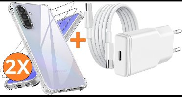 USB C Adapter 20W - USB C Snellader Met 1M USB C Kabel - Hoesje Geschikt voor Samsung Galaxy A37 transparant Anti Shock silicone hoesje met 2x screenprotector- Ntech COMBI-SET