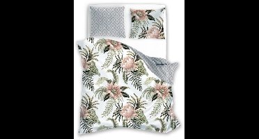 FARO Letni Sen - Dekbedovertrek - Grijs - Monstera Bladeren - Beige Bloemen