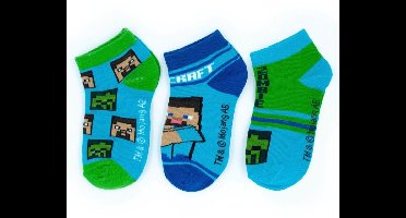 Minecraft Sokken - 35/38 - Enkelsokken - 3 paar - Voor kinderen - Sokjes voor jongens - Blauw/groen