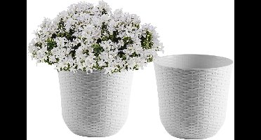 Bloempot/plantenpot - 2x - wit - kunststof - D32 cm - gevlochten mand look - binnen/buiten gebruik
