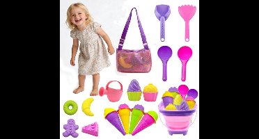 Opvouwbare strandspeelgoedset - Opvouwbare zandemmer en schepjesset met netzak en zandvormpjes, ijsjesvormig reiszandspeelgoed voor op het strand, zandbakspeelgoed voor peuters en kinderen van 3-10 jaar