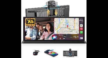 4K Carplay Display – Draadloos Scherm – Auto Multimedia Monitor – Smartphone Interface – Navigatiesysteem – 4K HD Frontcamera – Universele Compatibiliteit Android & iOS