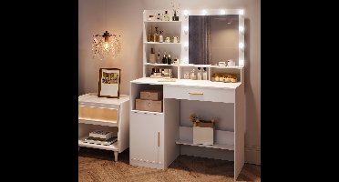 Kaptafel – Make-Up Tafel – Dressing Table – Opbergmeubel – Spiegeltafel – 10 LED Lampen – 3 Verstelbare Lichtstanden – Ruime Laden En Planken – Wit – 95x40x140 cm