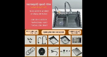 Keukenspoelbak – Spoelbakken Keuken – Wasbak Keuken – Gootsteen – Enkele Spoelbak – 75x45 cm – RVS Geborsteld – Waterfall Kraan Met Digitaal Display