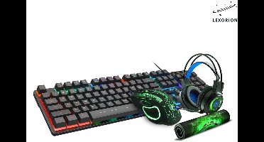 Lexorion Core GK-490 4-in-1 RGB Gaming Combo – Verlicht Toetsenbord, 7D Gaming Muis, Stereo Headset en Antislip Muismat voor PC