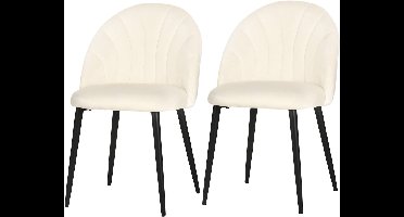 Fauteuil – Stoel – Eetkamerstoel – Loungestoel – Velvetstoel – Set van 2 – Crèmekleurig fluweel – Zwarte metalen poten – 52x54x79 cm