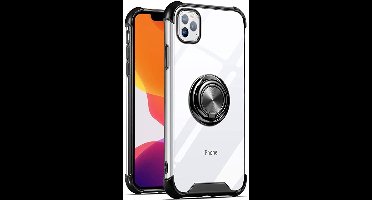 Hoesje Geschikt voor iPhone 11 Pro Max hoesje silicone met ringhouder Back Cover case - Transparant/Zwart