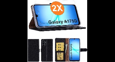 Hoesje geschikt voor Samsung Galaxy A17 5G hoesje Zwart pasjeshouder telefoon hoes - Met screenprotector tempered glass voor Galaxy A17 5G - 2x