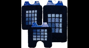 Wicotex - Badmat set - Badmat - Toiletmat - Bidetmat Blauwe rand geblokt - Antislip onderkant - WC mat met uitsparing