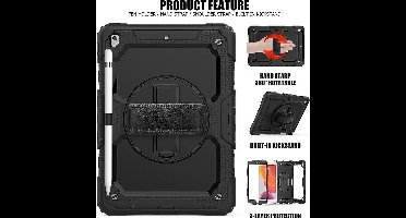 Hoes geschikt voor iPad 2021/2020/2019 (10.2 inch) met screenprotector, handriem en schouderriem voor Horeca en Bouw - Zwart