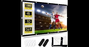 Opvouwbaar projectorscherm 150 inch, 16: 9 Full HD 4K, anti-rimpel, dubbelzijdige projectie met haken en touwen