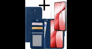 Hoesje - Met Screenprotector - Geschikt voor OnePlus Nord CE4 - Luxe Pasjeshouder - Bookcase Portemonee - Flip Case - Kunstleer Book Case - Flipcase - Book Cover - Walletcase - Portemonneehoes - Donkerblauw