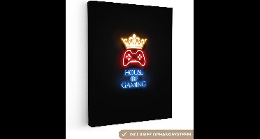 Canvas schilderij 90x120 cm - Wanddecoratie Gaming quotes - Neon - House of gaming - Kroon - Tekst - Muurdecoratie game room - Gaming kamer decoratie - Gameroom accessoires - Schilderijen