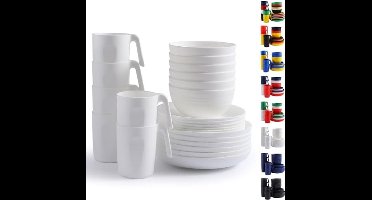 Servies sets 24-delig voor 6, herbruikbare borden en kommen sets, schotel set omvatten diner borden, dessert bord, ontbijtgranen kommen, kopjes voor thuis, tuin, picknick, camping Wit