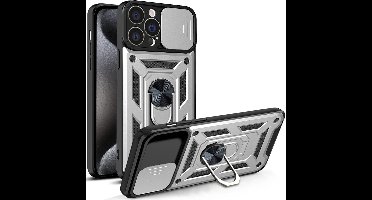 Hoesje geschikt voor iPhone 15 Pro met Ringhouder en Camera schuifje – Zilver