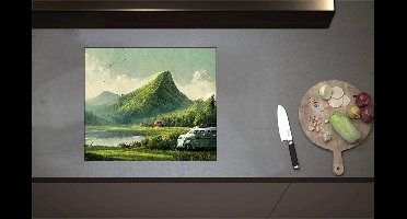 Inductieplaat Beschermer - Bus in Groen Landschap - 58x50 cm - 2 mm Dik - Inductie Beschermer - Bescherming Inductiekookplaat - Kookplaat Beschermer van Zwart Vinyl