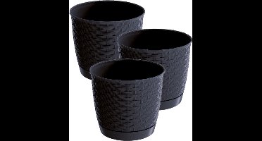 4x stuks ronde gevlochten plantenpotten/bloempotten kunststof dia 14.5 cm en hoogte 12.5 cm in het antraciet grijs