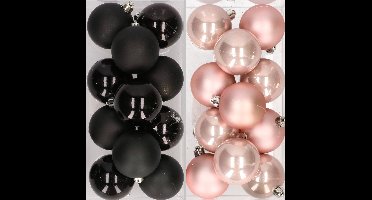 48x stuks kunststof kerstballen zwart en lichtroze 6 cm - Kerstversiering/kerstboomversiering