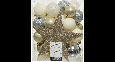 Decoris kerstballen set - 34-dlg - champagne/zilver/wit - incl. piek - kunststof - kerstversiering